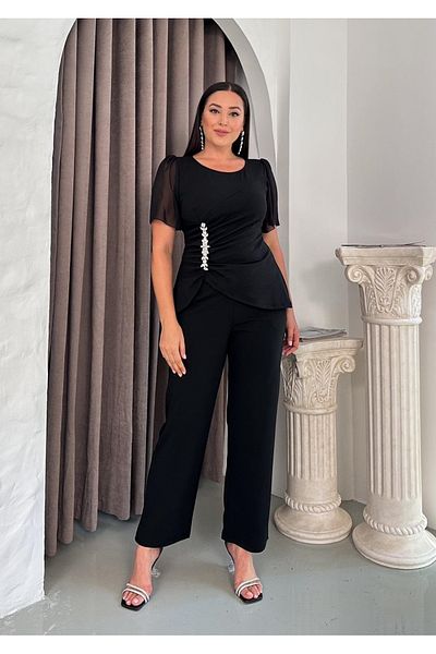 Butik Nilyam Femei Plus Size Decolteu șifon mâneci talie drapat cu detalii de piatră bluză pantaloni fund sus costum 24791