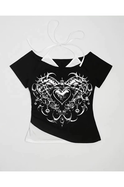weywot Black Gothic Love Collar Short Sleeve Full Body Crop with Additional S...