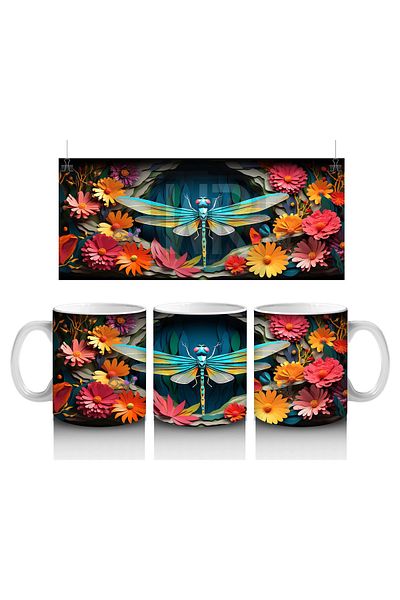 Luluyen Blue Dragonfly among Orange Flowers – Printed Coffee Mug