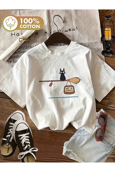 AEMİ Unisex Not in Service Cat Printed Oversize Crew Neck T-Shirt