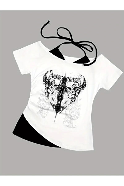 weywot Білий готичний ангельський комір, додаткові бретелі, короткі рукави, повний кроп-топ