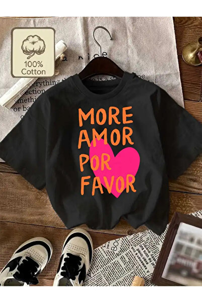 AEMİ Unisex More Amor Por Favor Printed Oversize Crew Neck T-Shirt