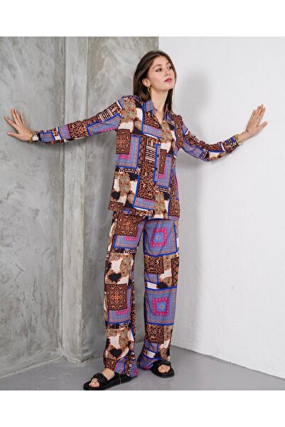 SheLoria Women's Yellow Blue Ethnic Patterned Bottom Top Shirt Pants Viscose ...