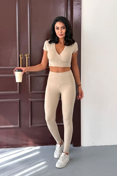 bacc Beige Light Touch Soft Textured Double Breasted Blouse and Leggings Bottom Top Set Bccm-253002