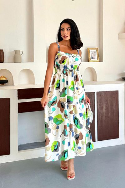bacc Green Patterned Suspender Gipeli Inner Underskirt Lined Cotton Premium Woven Dress Bccm-253004
