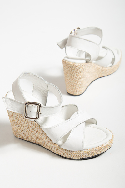 derim shoes Women's White Genuine Leather Wedge Heel Summer Sandals