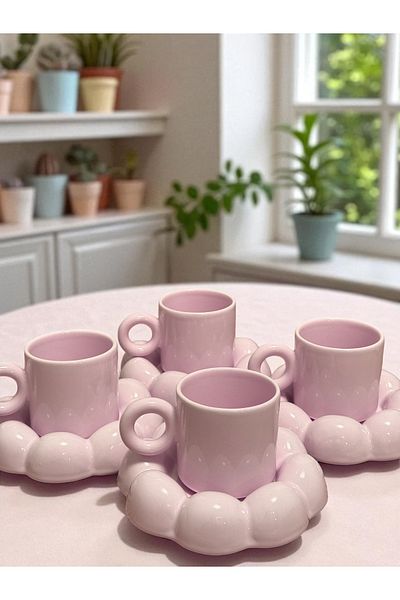 Yumuk Shop 4-Person 8-Piece Puffyl Model Pink Coffee Cup Set