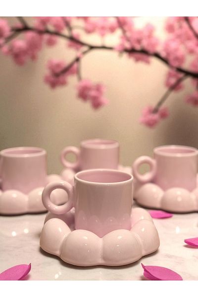 Yumuk Shop 4-Person 8-Piece Puffyl Model Pink Coffee Cup Set