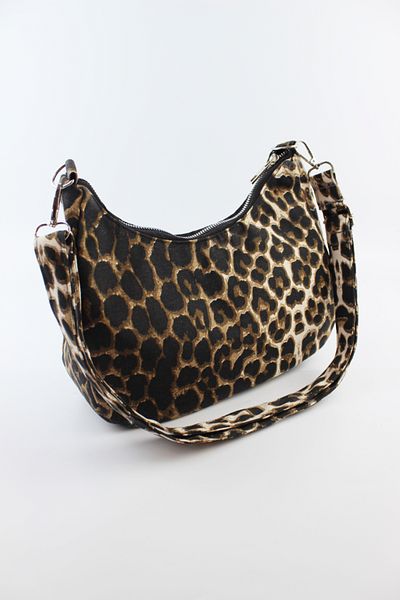İLKYAZ Leopard Pattern Denim Fabric Brown Women's Small Size Baguette Women's Shoulder Bag 27X15X10 cm