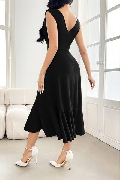 Monapera Boat Neck Draped Gathered Skirt Flounced Midi Dress