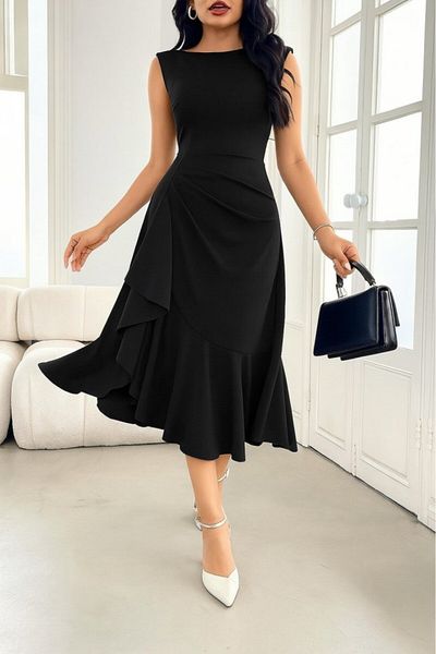 Monapera Boat Neck Draped Gathered Skirt Flounced Midi Dress
