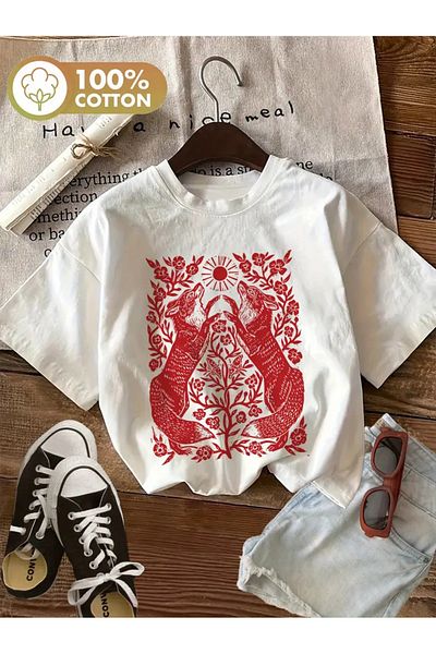 AEMİ Unisex Fox Fox Printed Oversize Crew Neck T-Shirt