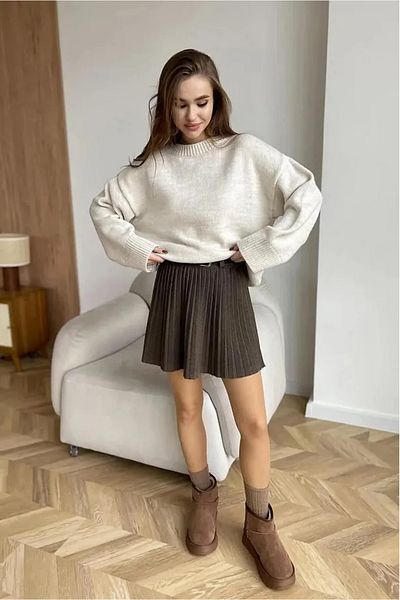 K-ODEA BUTİK Women's Cream Oversize Knitwear Sweater - Soft Textured Crew Neck