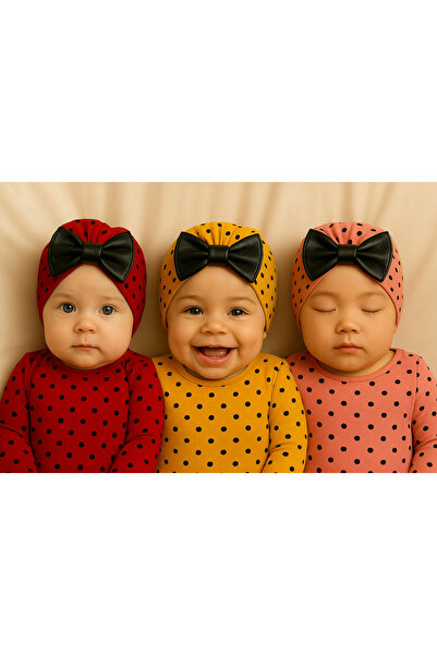 MASENKIDS Double Layer Baby Bonnet Special Bow Dot Patterned Set of 3