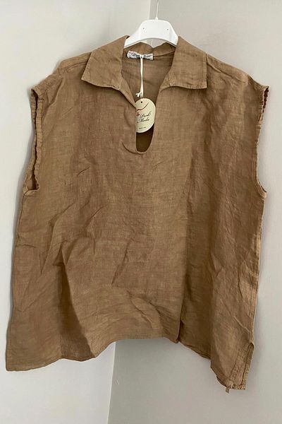 AYASOFYA OTANTIK Women's Italian Cappuccino Shirt Collar Plain Pattern Sleeveless Zero Sleeve Loose Linen Blouse