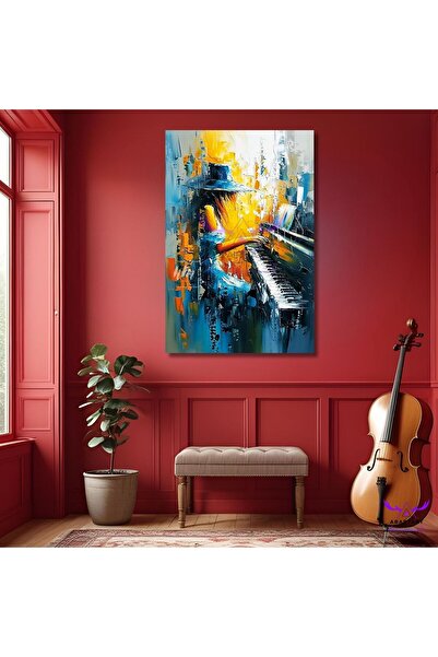 abartart Tekli Dikey Kanvas Yağlı Boya Görünümlü Çok Renkli Piyano Çalan Fötr...