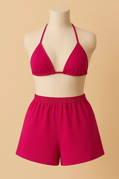 GiyimCity Women's Fuchsia Shorts Bikini Set with Tie at Waist and Neck