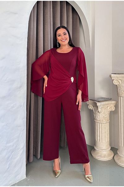 Butik Nilyam Salopetă de seară pentru femei, mărime mare, cu decolteu, cu mâneci din șifon, cu detaliu de broșă 24852