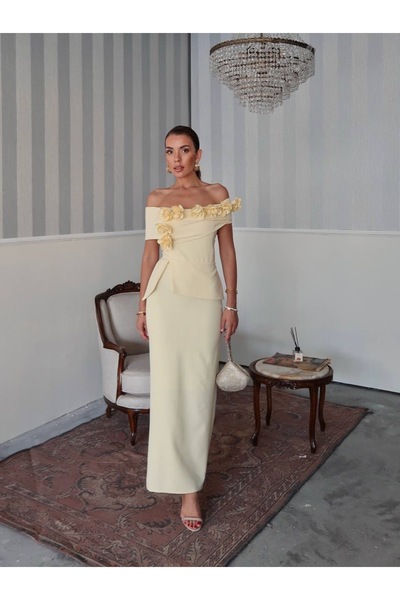 EtikaOnline Rina Tasarım Çiçek Detay Uzun Elbise