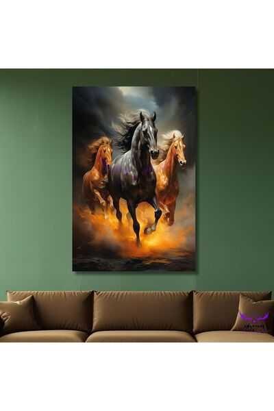 abartart Tekli Dikey Kanvas Şık Salon Tablosu Koşan Atlar