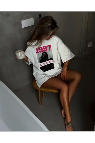 Le Touche Γυναικείο μπλουζάκι με στάμπα 100% βαμβακερό μεγάλο λαιμόκοψη