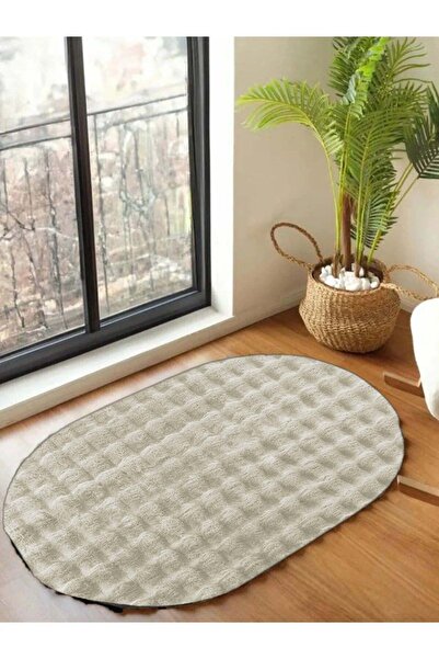 Lagom Life Krem Yumuşak Oval Bubble Kaymaz Özel Taban Peluş Halı Yolluk