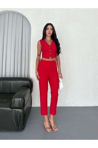 WellWay Bell Fabric Button Detailed Vest & Trousers Double Set-Red-1059