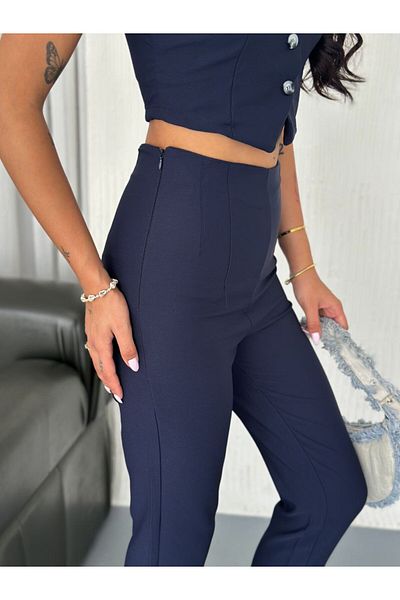 WellWay Bell Fabric Button Detailed Vest & Trousers Double Set-Navy Blue-1059