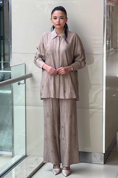 Mahal Crochet Knitwear Crispy Pattern Stone Printed Shirt Trousers Set