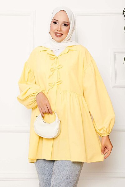 MODA قميص بأكمام على شكل بالون وتفاصيل من الدانتيل