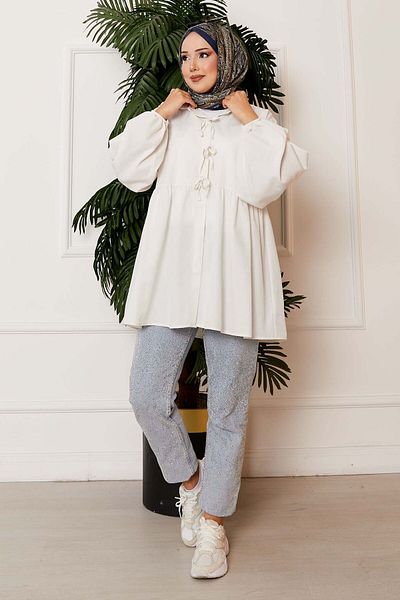 MODA Balloon Sleeve Bow Tie Detail Shirt