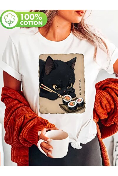 l'eivor Tricou din bumbac pentru femei cu imprimeu Cat & Sushi