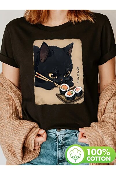 l'eivor Tricou din bumbac pentru femei cu imprimeu Cat & Sushi