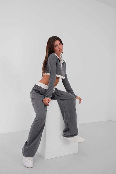 Maxi modena Polo Neck Garnished Crop Gray Sweatshirt
