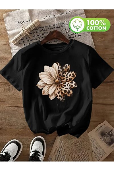 l'eivor Papatya & Leopar Tasarım Baskılı Kadın Pamuk T-shirt