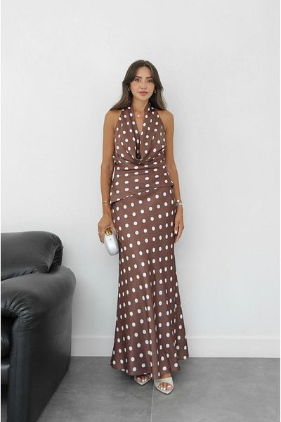 Havoş Brown Polka Dot Satin Degaje Collar Blouse Skirt Suit