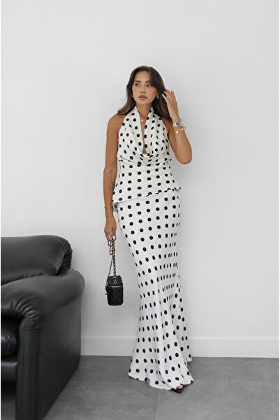 Havoş White Polka Dot Satin Degaje Collar Blouse Skirt Suit