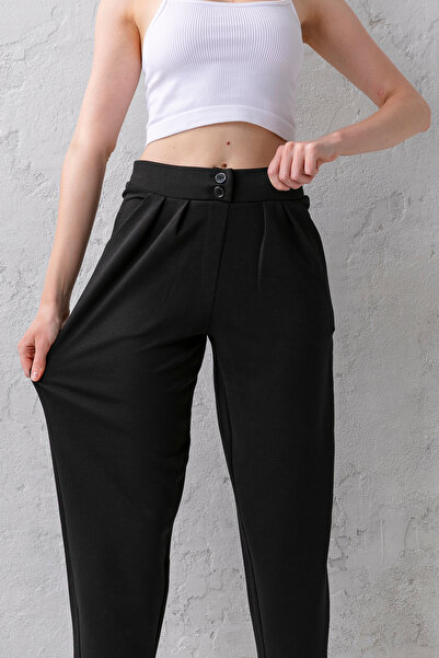 CNRCollection Kadın Siyah Yüksek Bel Çift Düğmeli Tarz Havuç Model Bilek Boy Krep Kumaş Pantolon