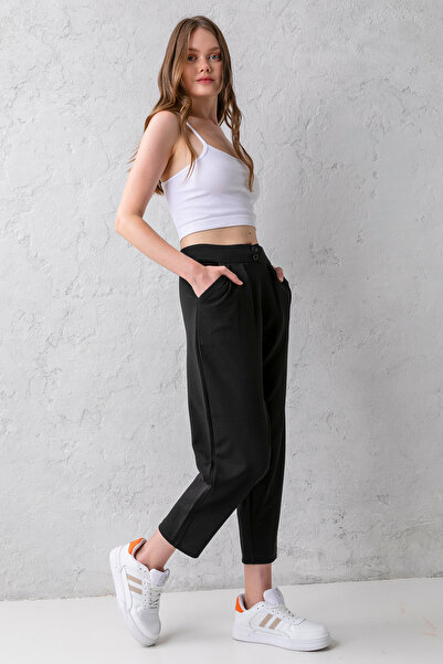 CNRCollection Kadın Siyah Yüksek Bel Çift Düğmeli Tarz Havuç Model Bilek Boy Krep Kumaş Pantolon