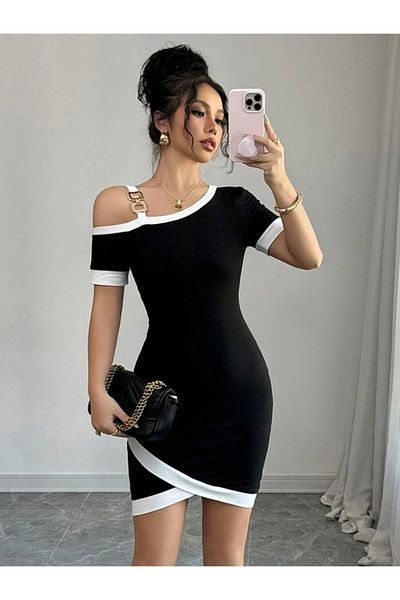 Monapera Asymmetric Collar Off-The-Shoulder Short Sleeve Modal Dress with Stripe and Accessory Detail