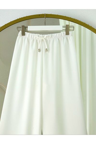 Modamorfo Elastic Waist Lace Detailed Wide Leg Sofia Linen Trousers - White
