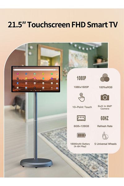 VLH 21.5 Inch Portable Smart TV,1080P Touchscreen Monitor,8MP Camera,4-6H Battery,6+128GB Display