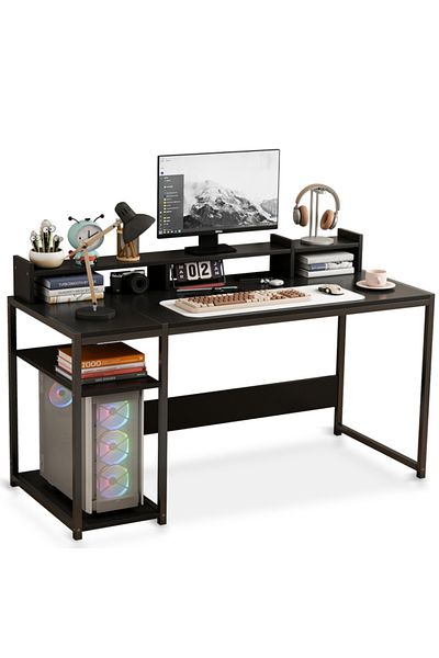 Sheinhome Computer Desk with Monitor Stand,Gaming Table with Storage Shelves,Modern Study Desks