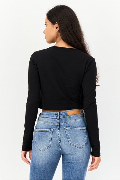 Koton Women Round Neck Long Sleeve Solid Top, Black