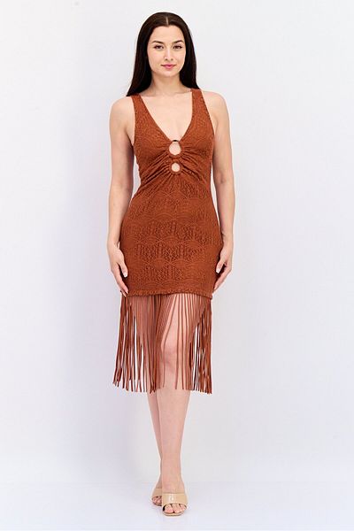 Koton Women Eyelet Midi Sleeves Dress, Rusty Brown