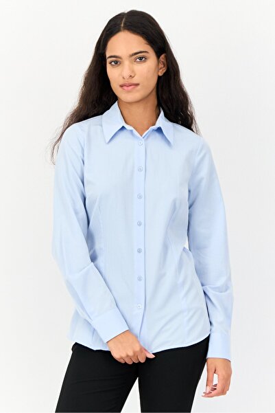 Koton قميص نسائي سادة بأكمام طويلة وياقة مدببة، أزرق فاتح