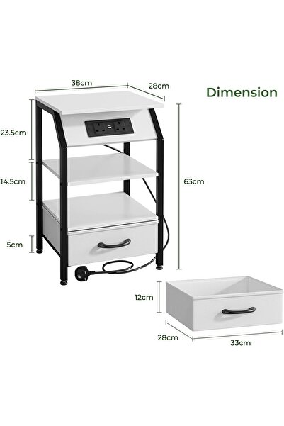Sheinhome Nightstand with Charging Station, Bedside Table with Fabric Drawer, Side Table with Power Outlets