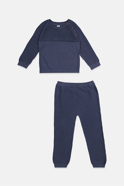 Tchibo Toddlers Boy 2 Pcs Crew Neck Long Sleeve Knitted Sweatshirt With Pants Set, Navy