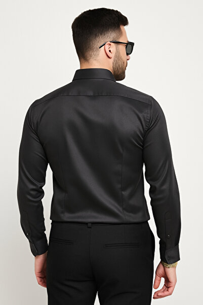 Tekin Siyah Parlak Slim Fit Uzun Kollu Erkek Gömlek