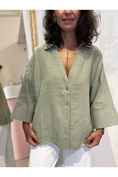 Butik Kadın V Yaka, Geniş Truvakar Kol, Keten Yeşil Gömlek